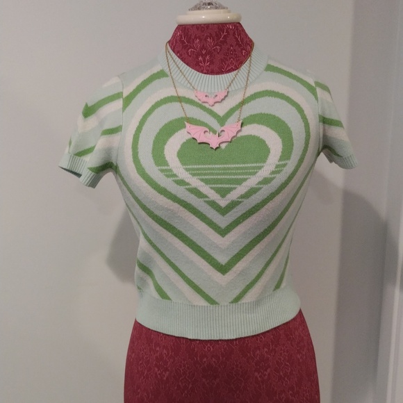 Y2K Power Puff Girls Vibes Lime Green Tunnel Heart Sweater Short Sleeve Tee - Picture 6 of 6